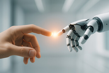 Human hand reaching robotic hand glowing soft light fingertips clean futuristic background high resolution photorealistic editorial style modern color grading technology connection future