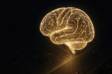 Glowing ai brain light circuits neural pathways hovering over sleek circuit board moody lighting high tech editorial composition sharp focus digital rendering artificial intelligence

