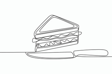 Single line drawing of a sandwich and knife isolated on white background