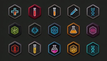 Set of 16 hexagonal medical/science icons.  Colorful, cartoonish, with metallic frame.  Dark background