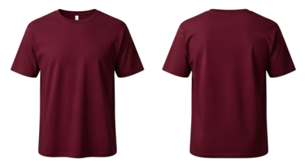 Maroon v neck t shirt front and back view isolated on transparent background