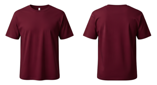 Maroon v neck t shirt front and back view isolated on transparent background