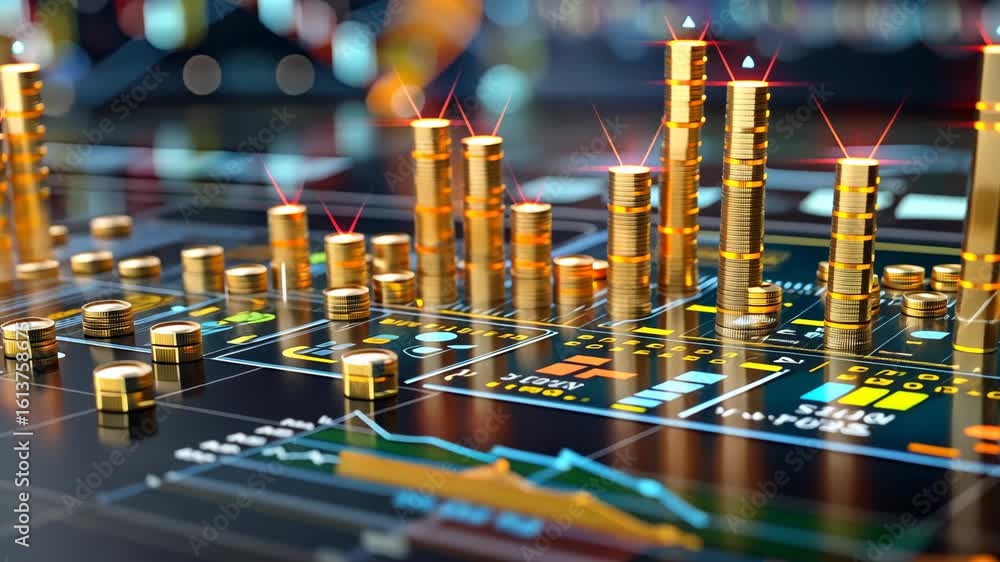 Poster exploring market data through intricate graphs and vibrant visuals that highlight financial trends a