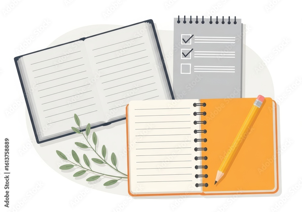Poster flat illustration of an open notebook with a checklist and a pencil next to a blank open book and a 
