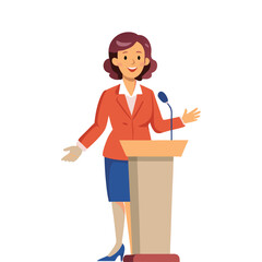 Confident Corporate Woman Giving Public Speech Illustration – Empowering Female Speaker in Business Attire – Vector Design for Presentation, Leadership, and Communication Concepts