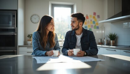 A young couple happily discussing business plans over coffee in a bright, modern kitchen