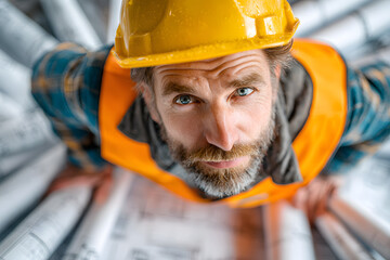 High-angle view of an architect or engineer in a hard hat and vest, standing on large blueprints, surveying plans