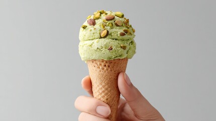Pistachio Ice Cream Cone Held By Hand Against Gray Background. Delicious Summer Treat With Nut Topping