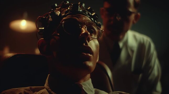 Experiment continues on subject wearing electrodes in USSR laboratory. Experiment monitored by Soviet doctors using strange devices. Experiment part of classified brain stimulation program.