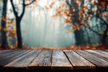 Rustic wooden table in an autumn forest