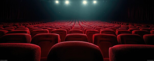Fototapeta premium Empty movie theater seats, a dark hall, spotlights