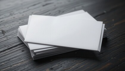 Fototapeta premium A close-up of a stack of blank business cards on a dark wood background, a template for branding