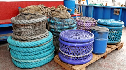Colorful plastic and rope buoys stacked on wooden pallets in an outdoor maritime setting