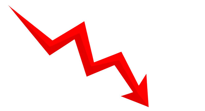 A bright red lightning bolt shape pointing downwards indicating a sharp decline or crisis isolated on transparent background