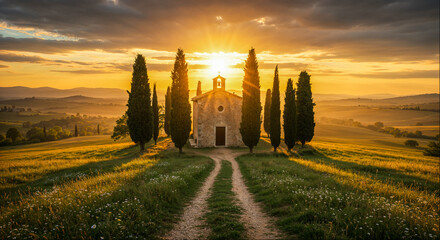 Sunset view of a rustic chapel surrounded by cypress trees on a rural hillside in Tuscany