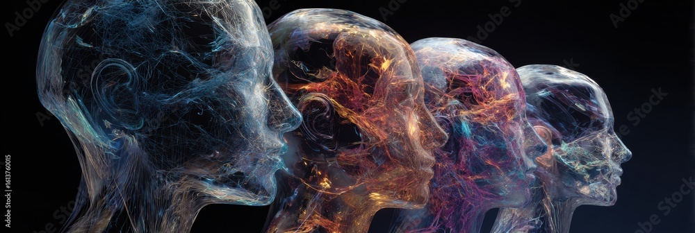 Poster multilayered transparent human heads evolve forward in a captivating display of abstract shapes and 