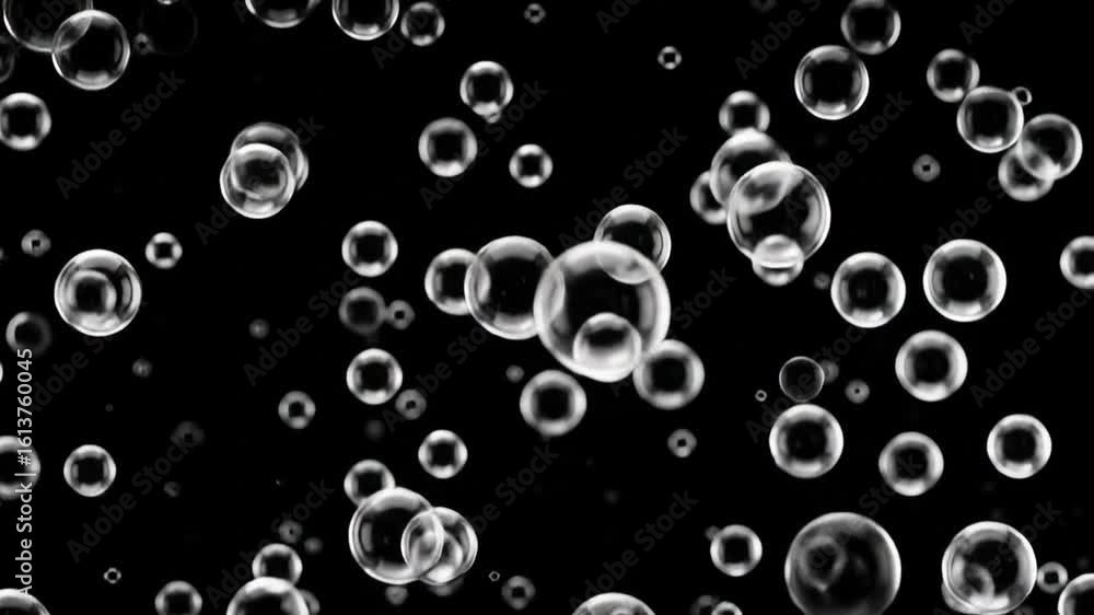 Poster abstract transparent bubbles floating elegantly on black background gentle light reflection and mini