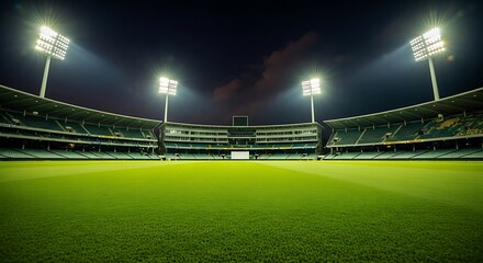 Illuminated cricket stadium at night featuring bright stadium lights