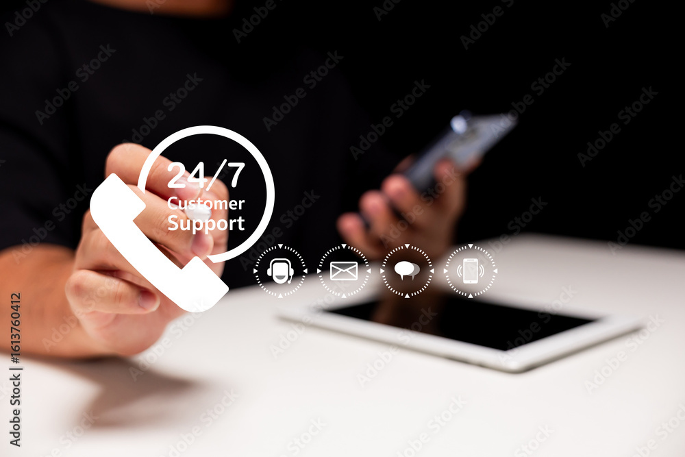 Poster a person holding a smartphone with icons representing 24/7 customer support and communication option