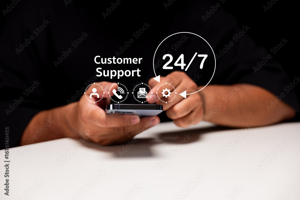 Aufkleber person using a smartphone with digital icons representing 24/7 customer support services floating ab