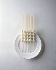 Photo of a minimalist arrangement of white marshmallows on skewers, presented neatly on a white plate, showcasing a clean and elegant presentation