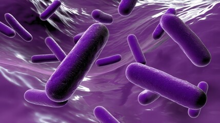 Abundant vibrant purple microbes swirling in a fluidlike gut environment illustrating microbial diversity and gut flora balance for health care
