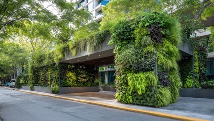 Urban oasis entryway with lush vertical gardens