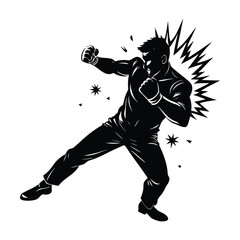 Powerful Punch Knockout Martial Arts Fighter Silhouette on White Background