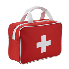 Bright red medical kit bag with white cross symbol and handles isolated on transparent background