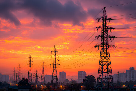 Silhouettes of high voltage towers with electrical wires on background of sunset sky. Electricity transmission lines in city, power supply concept