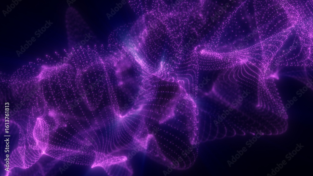 Poster vivid purple glowing particles form an intricate dynamic mesh in dark space, resembling a flowing di