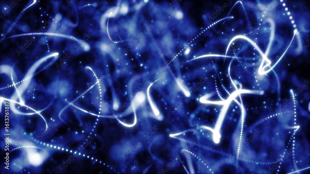 Poster abstract blue light trails and particles floating through a dark digital space in motion