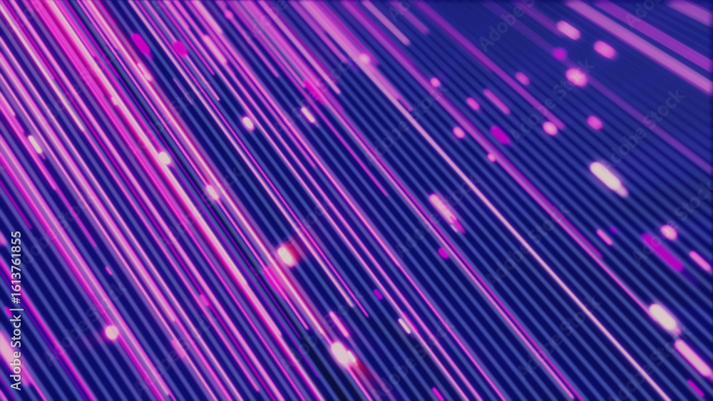 Poster diagonal magenta and purple glowing light streams creating a high-speed visual effect across a dark 