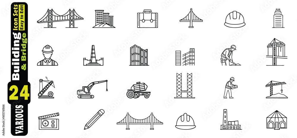 Poster building and bridge icons set with construction worker and equipment vector