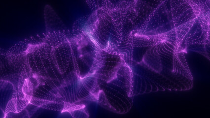 Vivid purple glowing particles form an intricate dynamic mesh in dark space, resembling a flowing digital network