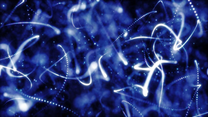 Abstract blue light trails and particles floating through a dark digital space in motion