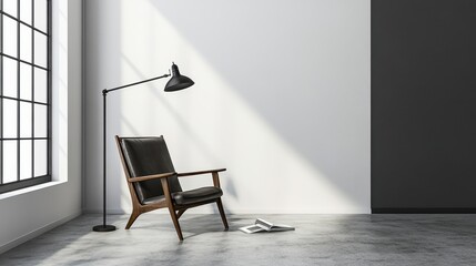 Modern room interior with a black leather armchair and floor lamp.