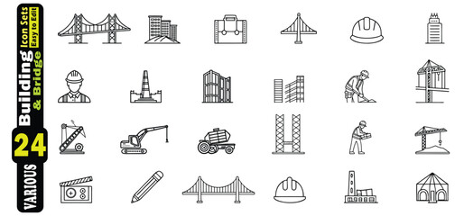 Building and Bridge Icons Set with Construction Worker and Equipment vector