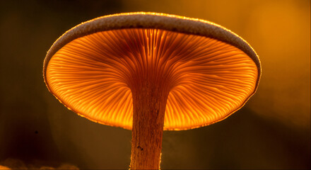 Mushroom with a glowing underside stands against a blurred warm background during golden hour