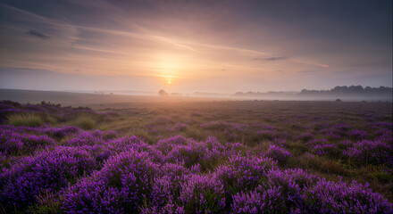 Lavender fields during sunrise with mist and soft light casting a serene atmosphere across the landscape