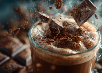 Pieces of bitter chocolate fall in glass mug with cocoa drink.