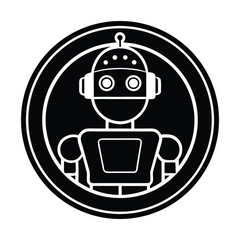 Retro Robot Icon Black and White Design Digital Art on White Background