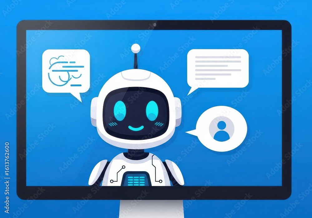 Poster flat illustration of a friendly robot chatbot is communicating on a computer screen with speech bubb
