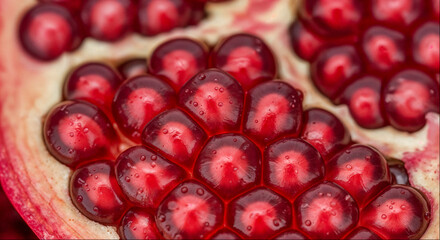Close-up view of pomegranate seeds revealing their shiny, jewel-like appearance and details