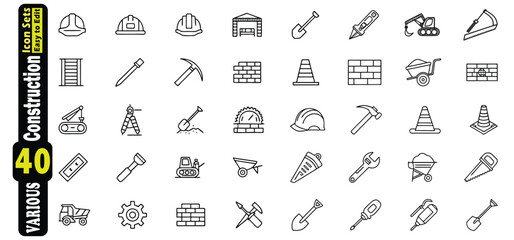 Naklejka premium Collection of 40 black and white line art construction icons building industry