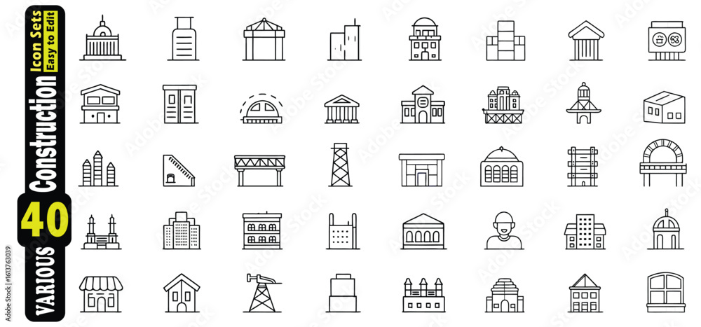 Poster collection of 40 various construction and building line art icons architecture