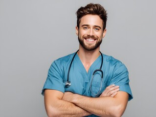 Happy male nurse or doctor in scrubs with his arms crossed