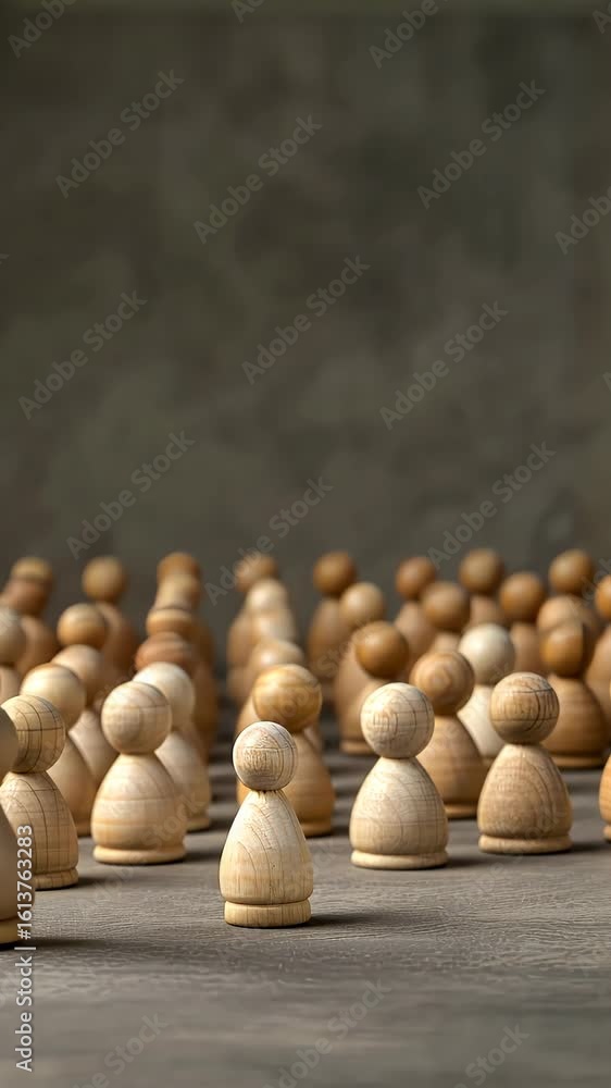Poster Unique wooden figures stand in neat rows showcasing artistry and design while emphasizing simplicity and minimalism in form