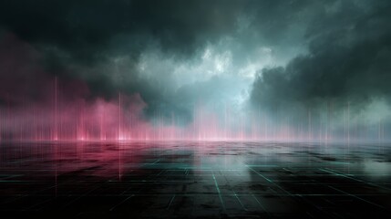 Futuristic digital landscape with glowing cyan and magenta circuits and pixel grid overlays under stormy dark skies, creating an immersive hightech background for gaming and esports scenes