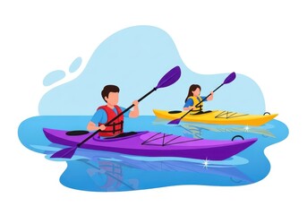 Flat illustration of two people enjoying a kayaking trip on the water, paddling their colorful kayaks